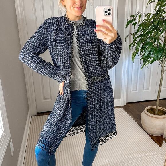 Elie Tahari Twill Midi Cut Out Lace Trim Coat - Picture 1 of 11